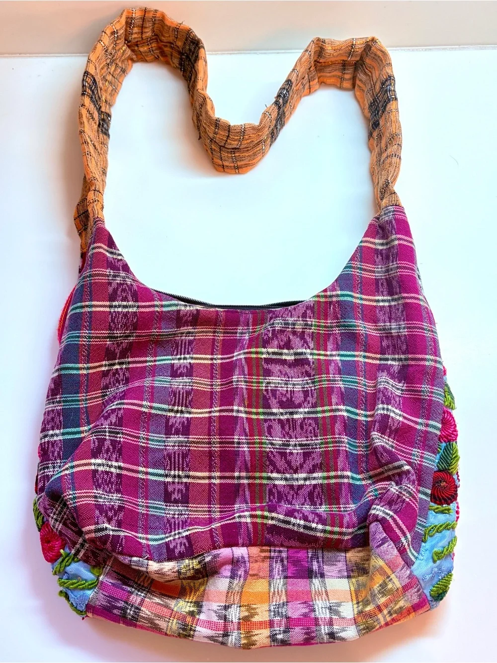 Vintage Guatemala Huipil Boho Shoulder Bag Raised Floral Embroidered Hippie